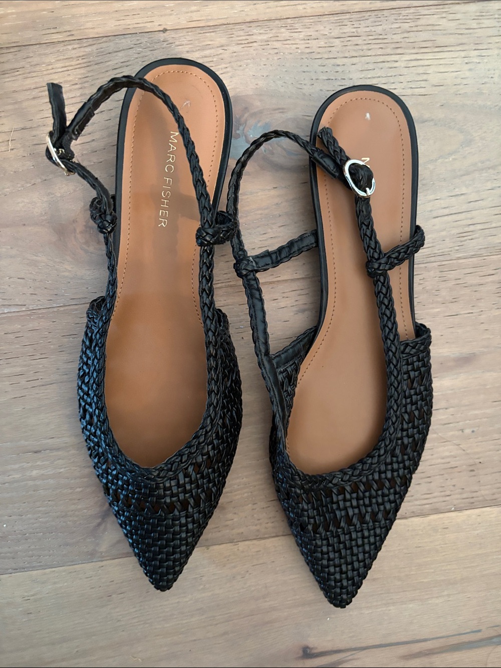 Marc Fisher Black Braided Pointed Slingback Flats
